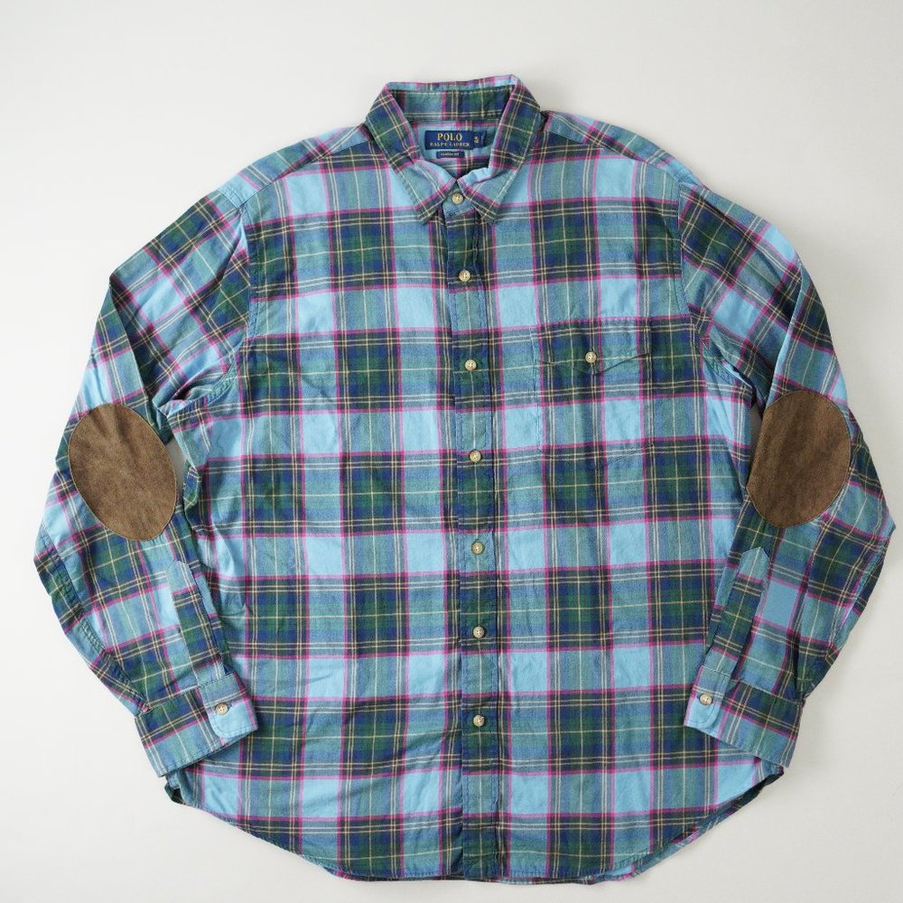 Polo Ralph Lauren Whitfield Elbow Patch Shirt Classic Fit Plaid Blue Men Sz XL